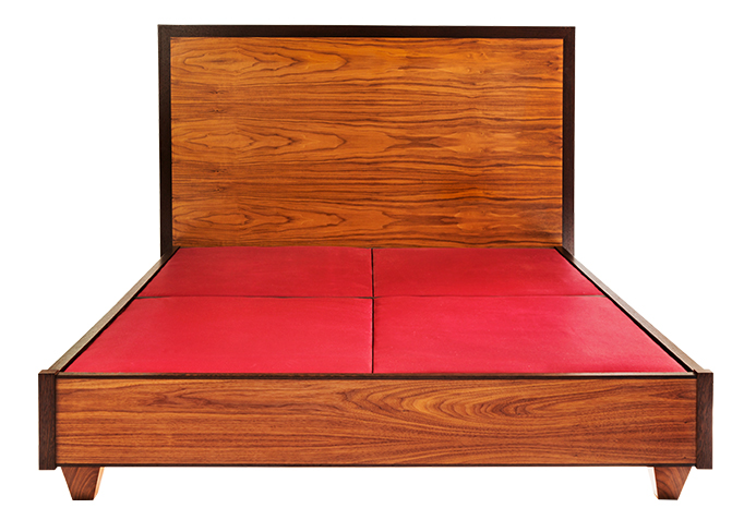 Gustav platform bed in sapele with purpleheart detail