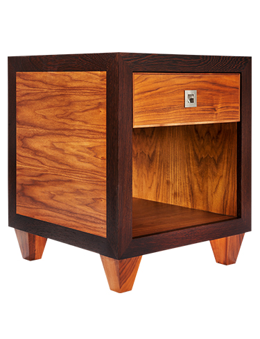 Gustav side table in sapele with tapered legs and low shelf
